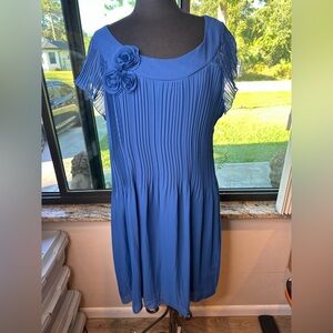 R & K Originals Vintage Retro Elegant Blue Pleated Dress Floral Accents Size 18